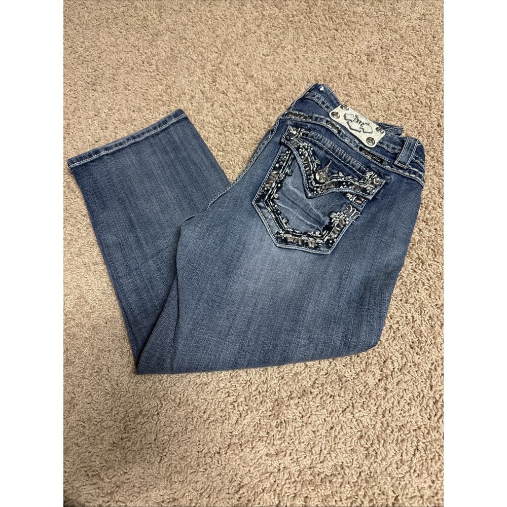 Miss Me Womens Jeans 32 Mid Rise Cuffed Capri Pocket Bling Med Wash